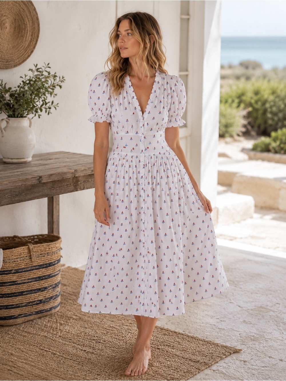 Hill House Sabrina Midi Dress in Love Boat White Red & Blue Sailboat Print MD